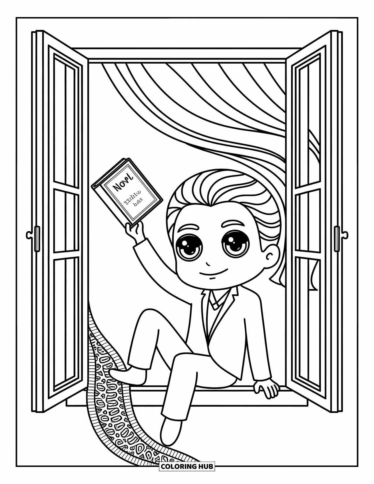 Chibi Coloring Page for Adults: A chibi man reads beside an open window with flowing curtains and floral frames