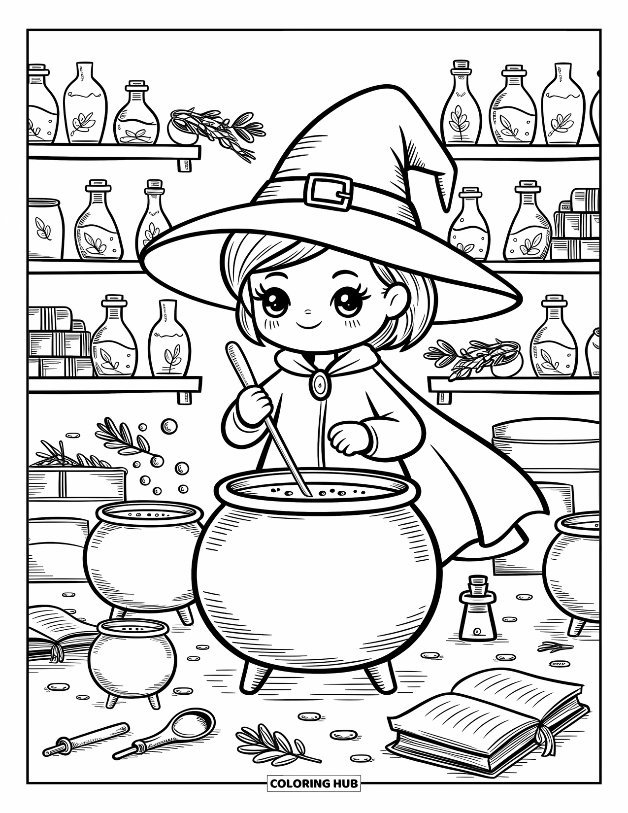Chibi Coloring Page for Adults: A chibi witch brews a spell in her lab, surrounded by potions and herbs