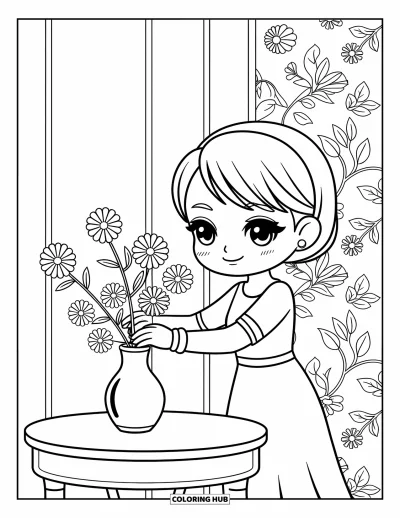 Chibi-fargeleggingsark for voksne: En chibi-kvinne ordner blomster i en vase på et enkelt trebord