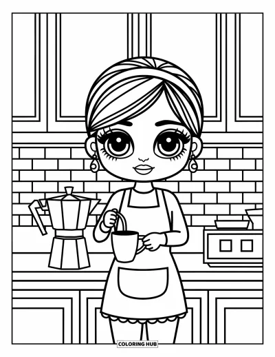 Chibi-fargeleggingsark for voksne: En chibi-kvinne i forkle lager kaffe i et rolig, mønstret kjøkken
