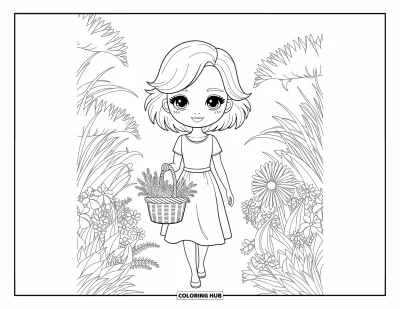 Chibi-fargeleggingsark for voksne: En chibi-kvinne spaserer gjennom en blomstrende hage med en kurv full av friske urter