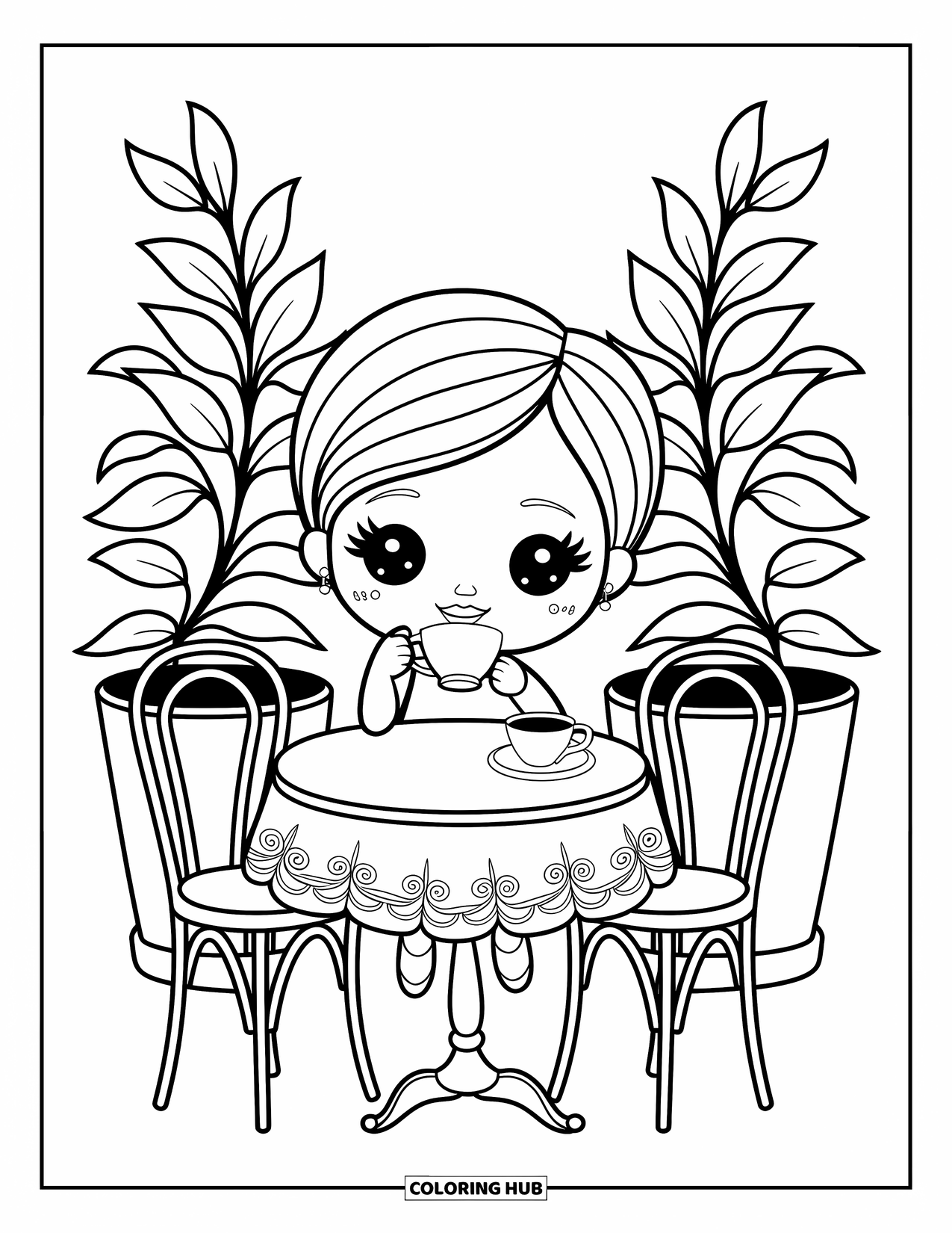 Chibi Coloring Page for Adults: A chibi woman with a sweet smile sips tea in a calm café garden