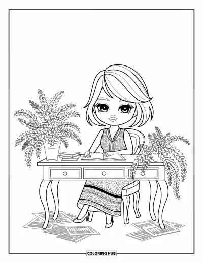 Chibi-fargeleggingsark for voksne: En chibi-kvinne skriver ved pulten sin omgitt av planter og spredte papirer