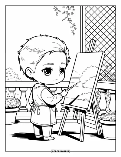 Chibi-fargeleggingsark for voksne: En konsentrert chibi-kunstner maler på en balkong innrammet av myke mønstre og blomster