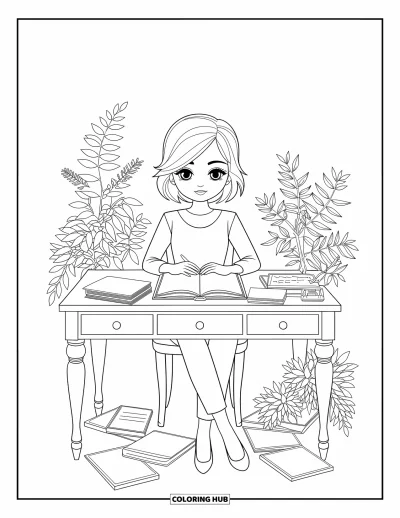 Chibi-fargeleggingsark for voksne: En konsentrert chibi-kvinne skriver stille ved pulten sin med rolige, løvrike omgivelser