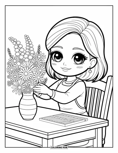 Chibi-fargeleggingsark for voksne: En mild chibi-kvinne smiler mens hun ordner blomster i et fredelig, ryddig rom