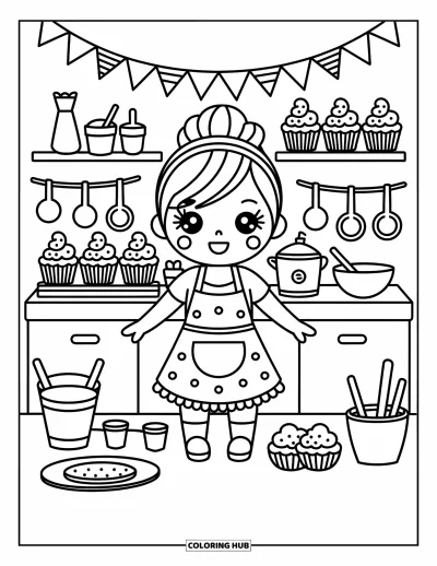 Chibi-fargeleggingsark for voksne: En glad baker-chibi dekorerer godterier i et varmt, lekent kjøkken med vimpler over
