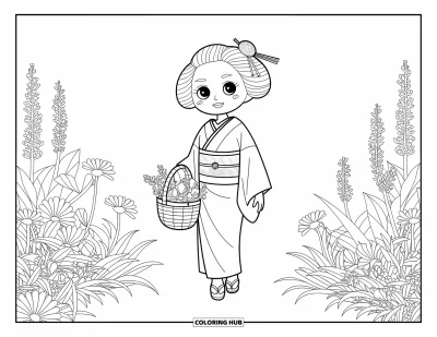 Chibi-fargeleggingsark for voksne: En glad chibi-kvinne vandrer gjennom høye blomster med urter i kurven sin