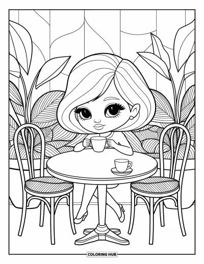 Chibi-fargeleggingsark for voksne: En fredelig chibi-kvinne drikker te blant myke planter og virvlende bordmønstre