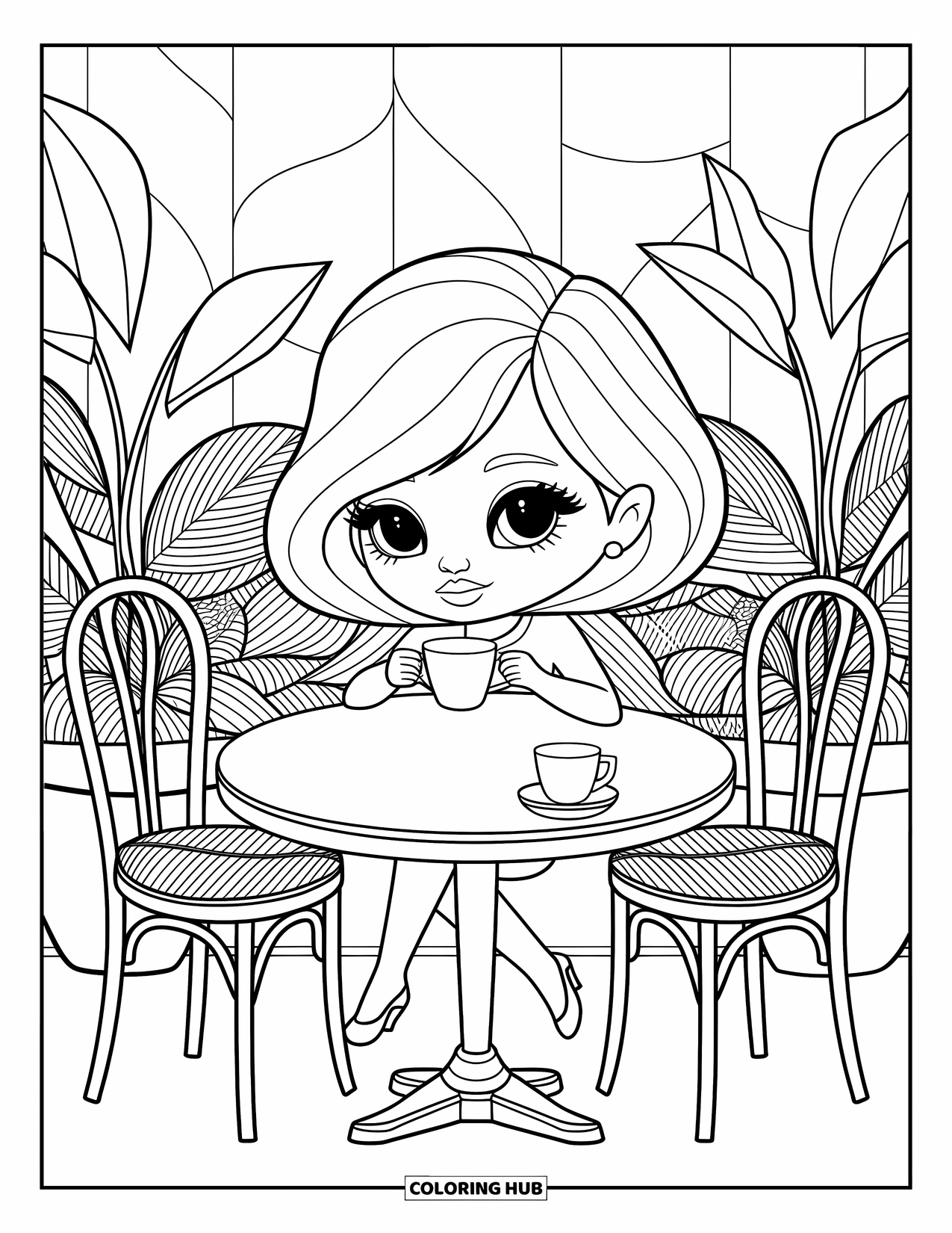 Chibi Coloring Page for Adults: A peaceful chibi woman drinks tea among soft plants and swirling table designs