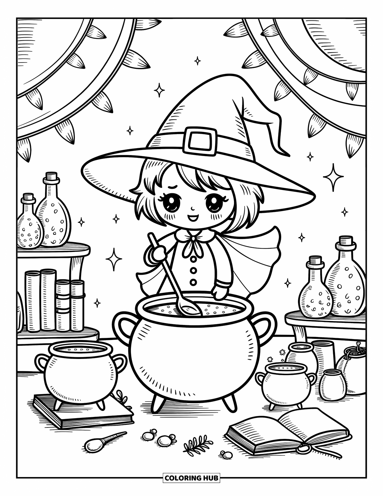 Chibi Coloring Page for Adults: A playful witch chibi mixes a potion as her cape flutters in a cozy lab