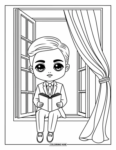 Chibi-fargeleggingsark for voksne: En stille chibi-mann leser en bok ved et vindu med flagrende gardiner