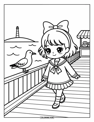 Chibi-fargeleggingsark for voksne: En sjømanns-chibi spaserer langs en luftig strandpromenade med en måke og en snacksvogn i nærheten