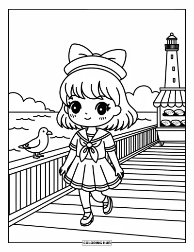Chibi-fargeleggingsark for voksne: En sjømanns-chibi spaserer langs en solrik strandpromenade med måker, snacks og havutsikt