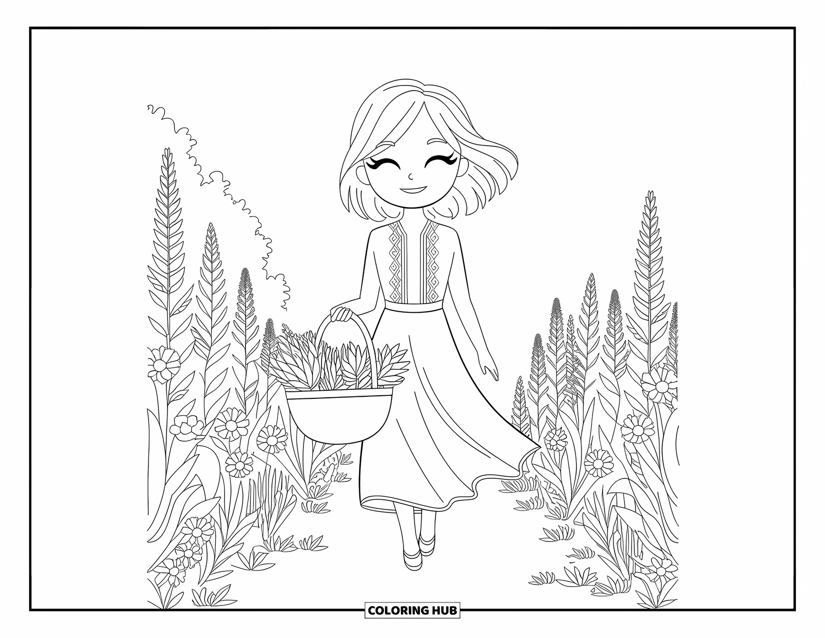 Chibi Coloring Page for Adults: A smiling chibi woman walks through a garden filled with herbs and swirling blooms