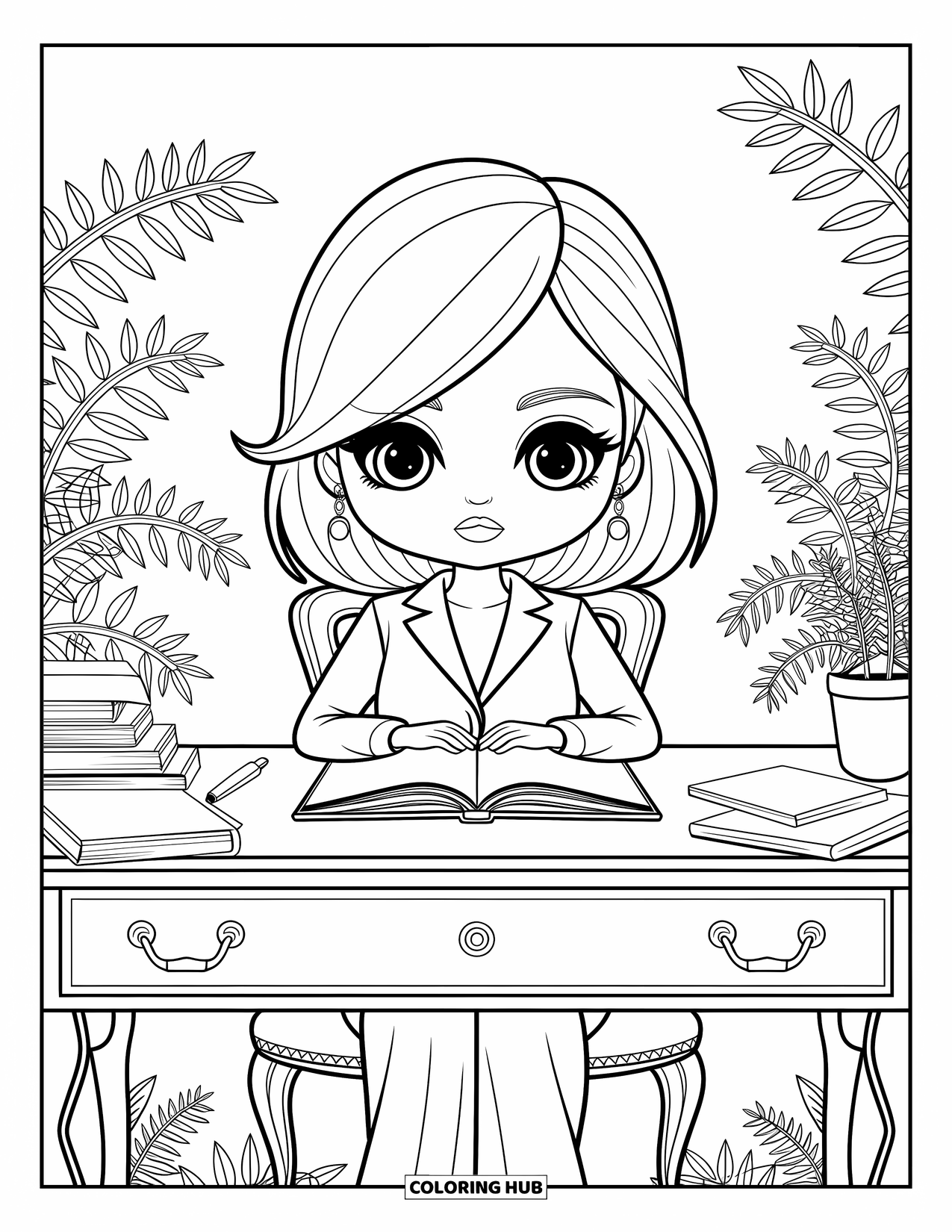 Chibi Coloring Page for Adults: A thoughtful chibi woman journals at her desk with papers and patterned plants