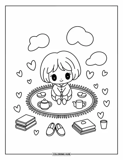 Chibi-fargeleggingsark for voksne: En liten chibi nyter kakao og bøker ved en varm peis i en koselig krok