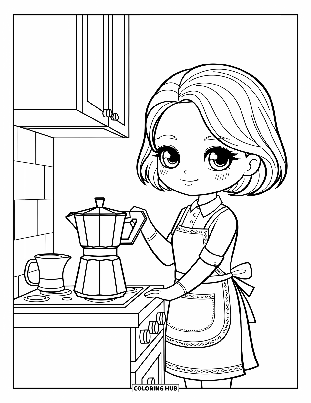 Chibi Coloring Page for Adults: A tiny chibi woman brews coffee by the stove, surrounded by delicate kitchen decor