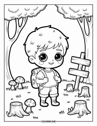 Chibi-fargeleggingsark for voksne: En liten utforsker-chibi står med et kart mens sopper og ildfluer omgir ham