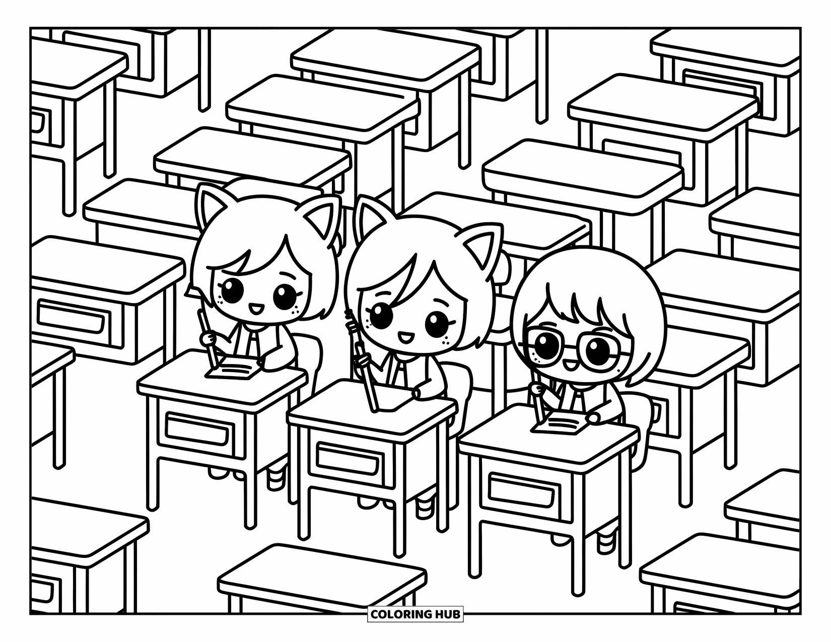Chibi Coloring Page for Adults: Three chibi characters laugh together in a cute classroom filled with books and pencils