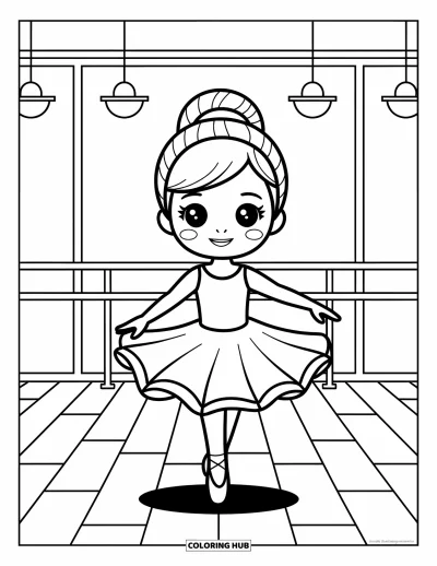 Chibi-fargeleggingsark for barn: En ballerina snurrer i et solrikt studio mens kjolen flagrer vidt