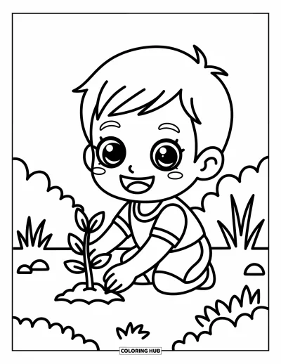 Chibi-fargeleggingsark for barn: En gutt gliser mens han planter et lite tre i en søt hagescene