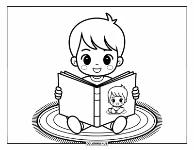 Chibi-fargeleggingsark for barn: En gutt sitter med korslagte bein og leser en stor bildebok på et mykt teppe