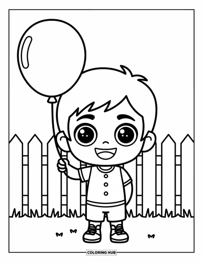 Chibi-fargeleggingsark for barn: En blid gutt holder en ballong foran et enkelt tregjerde