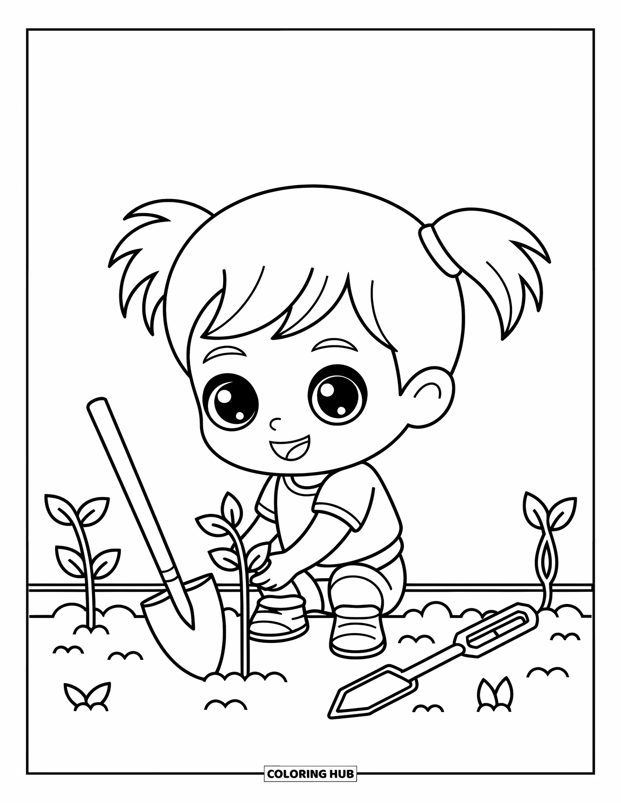 Chibi Coloring Page for Kids: A cheerful boy plants a tiny sapling in a garden bed