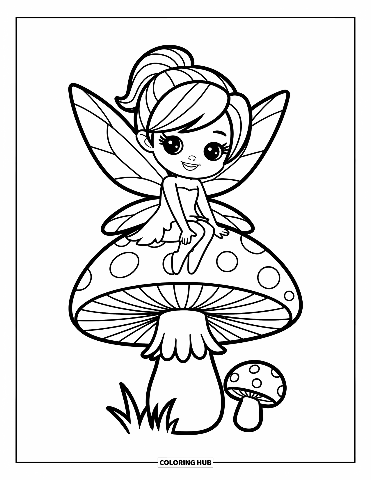 Chibi Coloring Page for Kids: A cheerful fairy perches on a mushroom with big eyes and a happy grin
