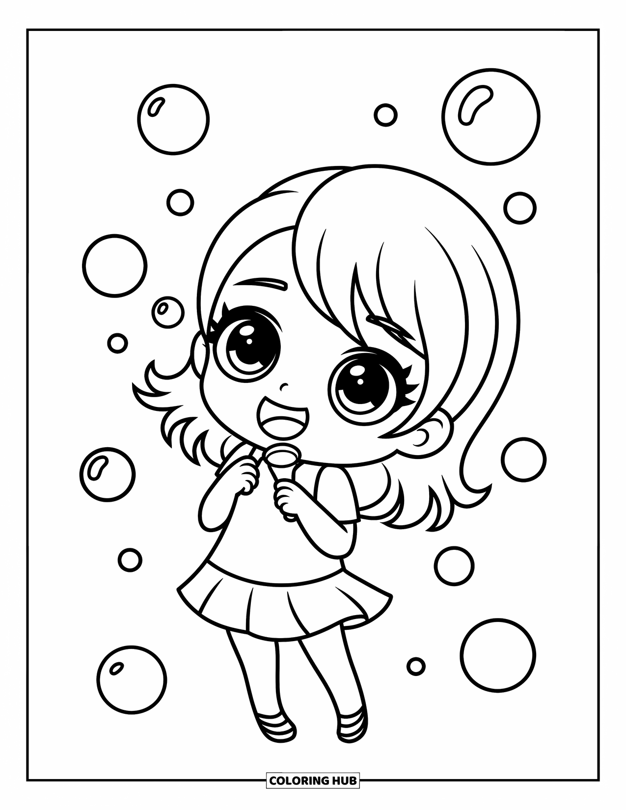 Chibi Coloring Page for Kids: A cheerful girl giggles while blowing bubbles all around her