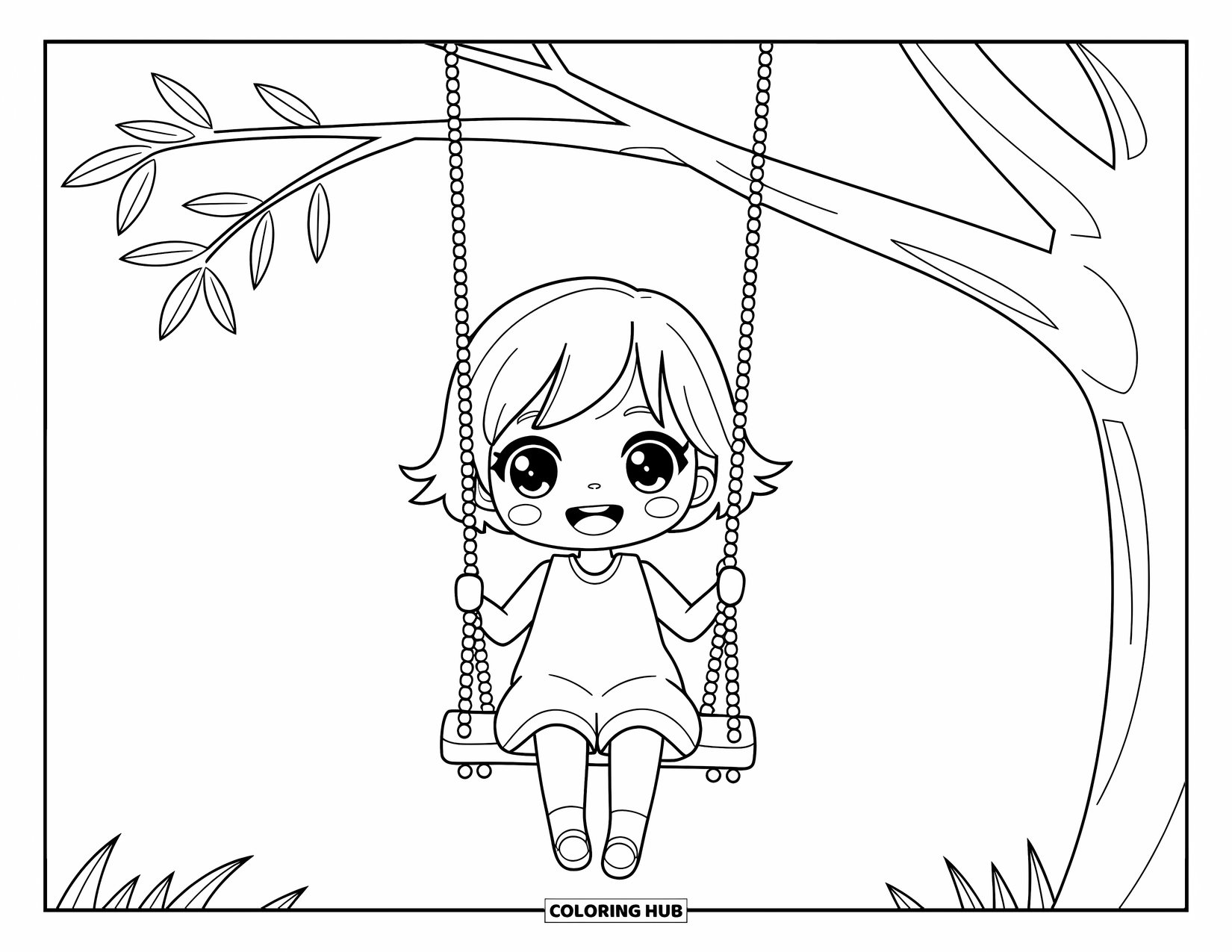 Chibi Coloring Page for Kids: A cheerful girl swings from a tree with a big grin