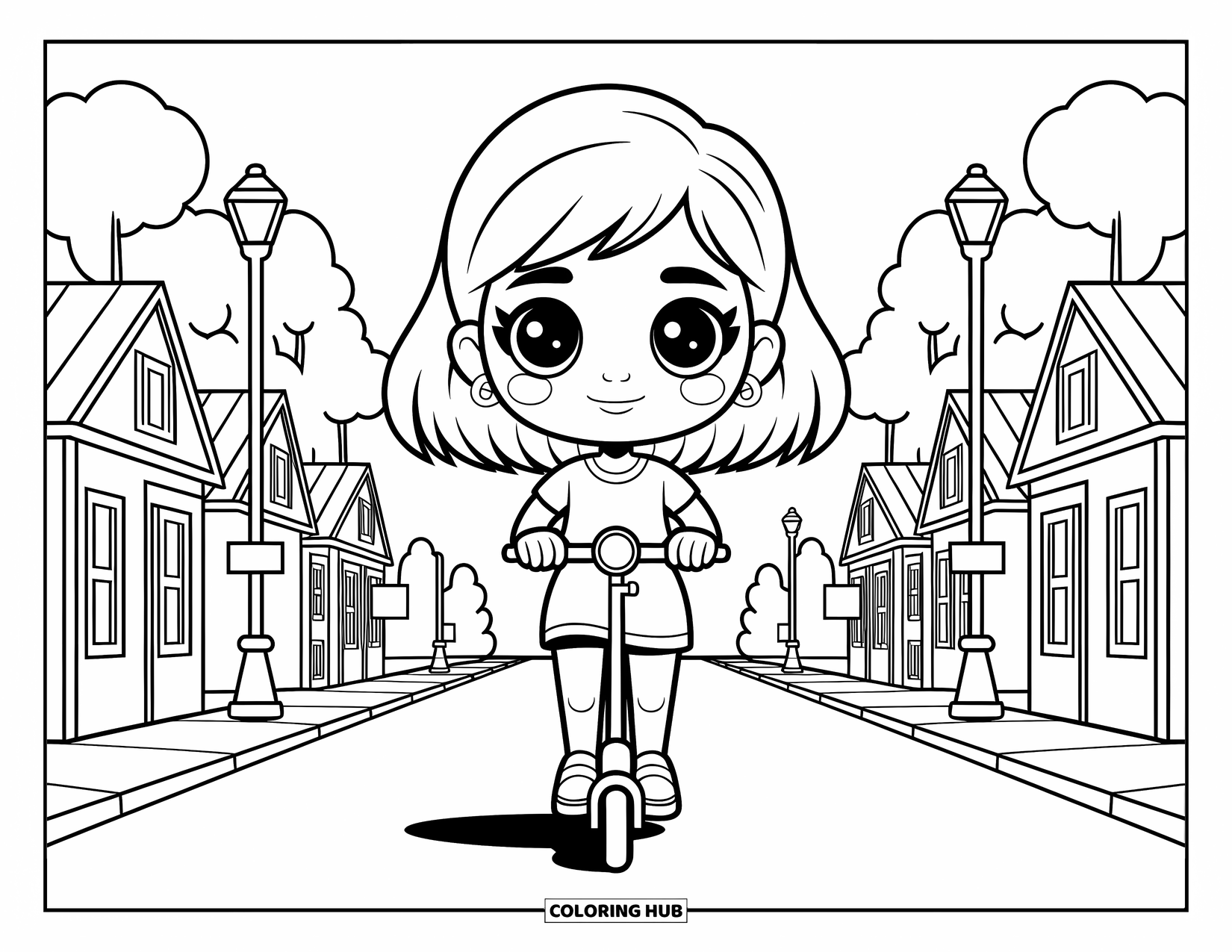 Chibi Coloring Page for Kids: A cheerful girl zooms down a cute town street on her scooter