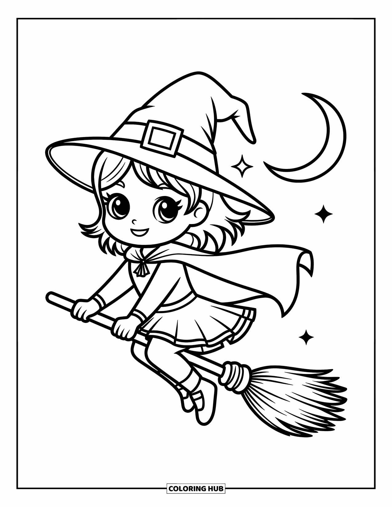 Chibi Coloring Page for Kids: A cheerful witch girl glides across the night sky on her broom