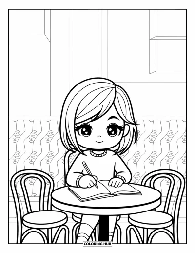 Chibi-fargeleggingsark for barn: En chibi-jente skriver tankefullt i notatboken sin på en koselig kafé