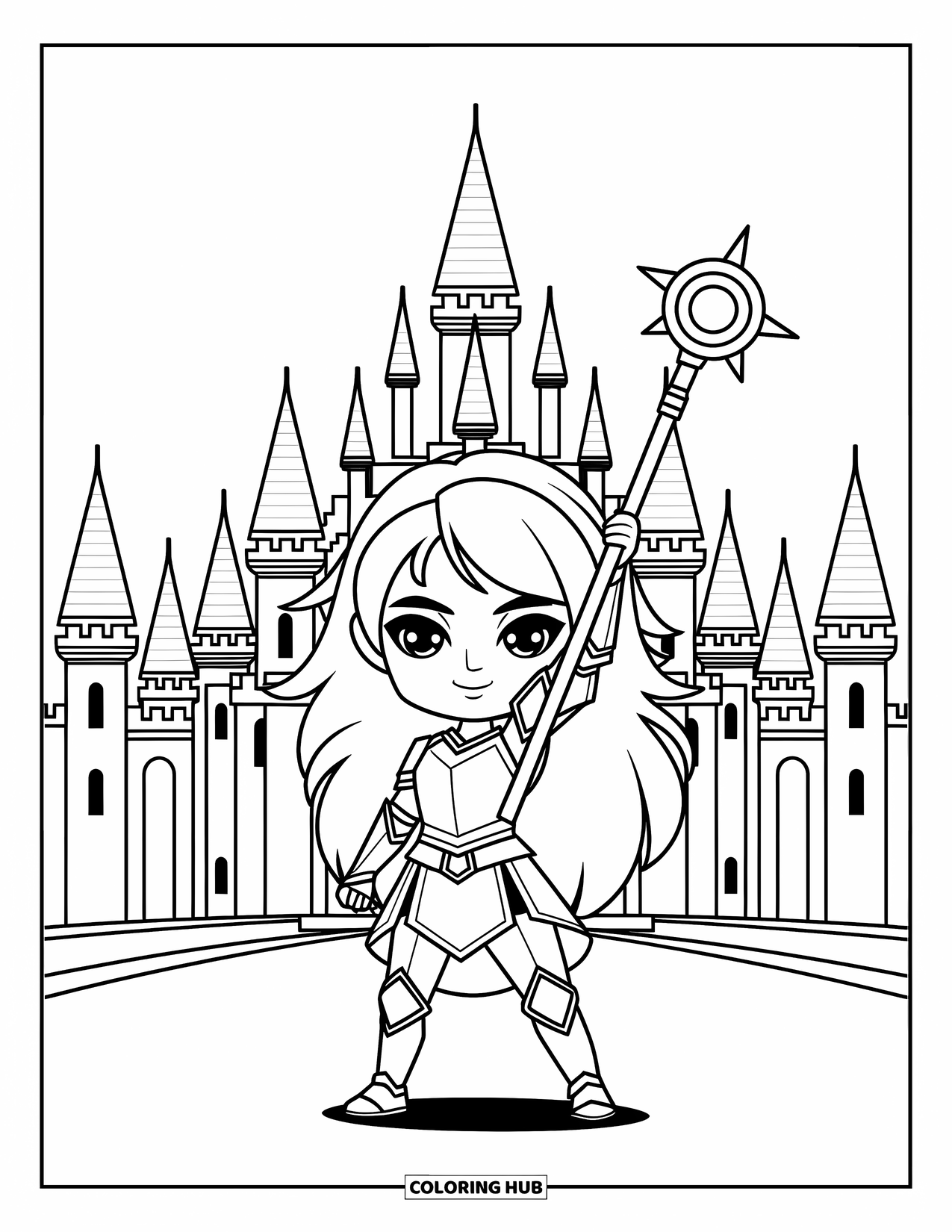 Chibi Coloring Page for Kids: A chibi warrior girl stands boldly in front of a fantasy castle