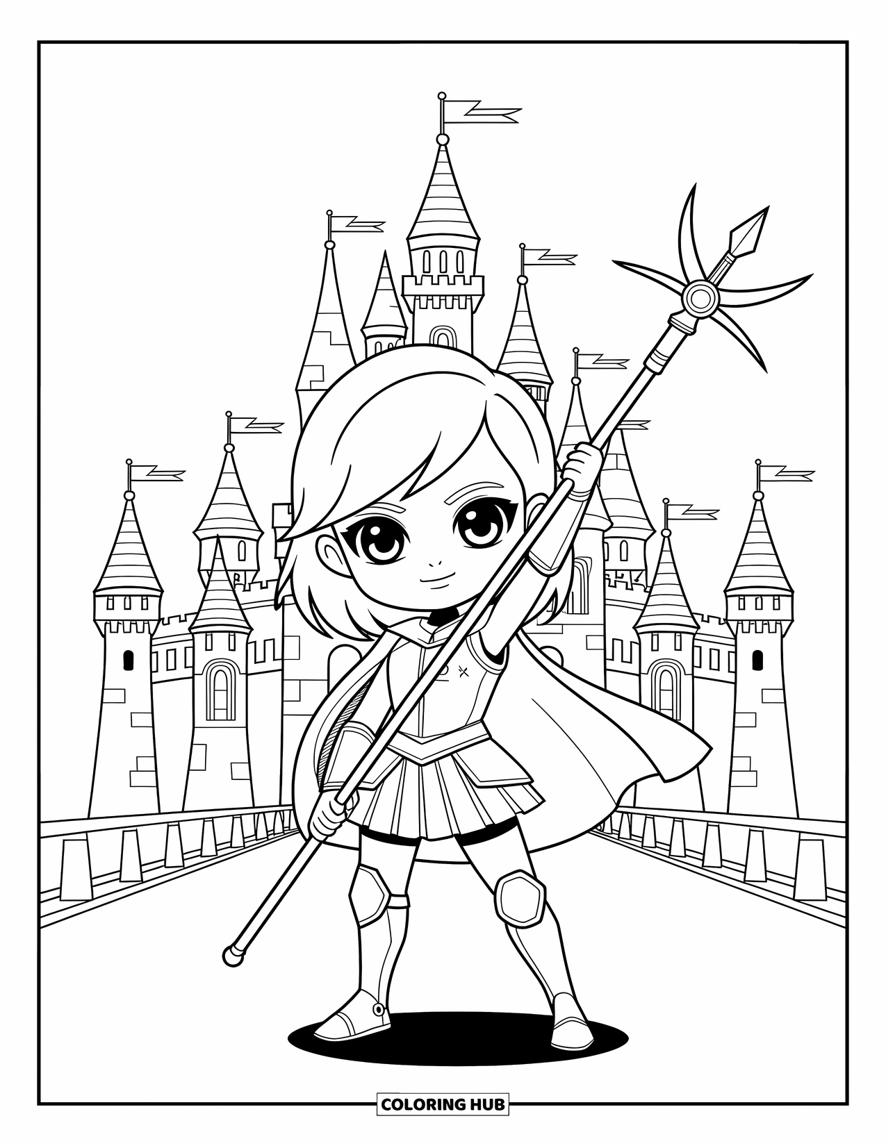 Chibi Coloring Page for Kids: A confident girl with a staff stands in front of a towering fantasy castle