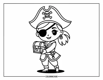 Chibi-fargeleggingsark for barn: En selvsikker piratjente holder skatten sin med et smil