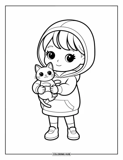 Chibi-fargeleggingsark for barn: En behagelig kledd jente holder en katt kjærlig i hettegenseren sin