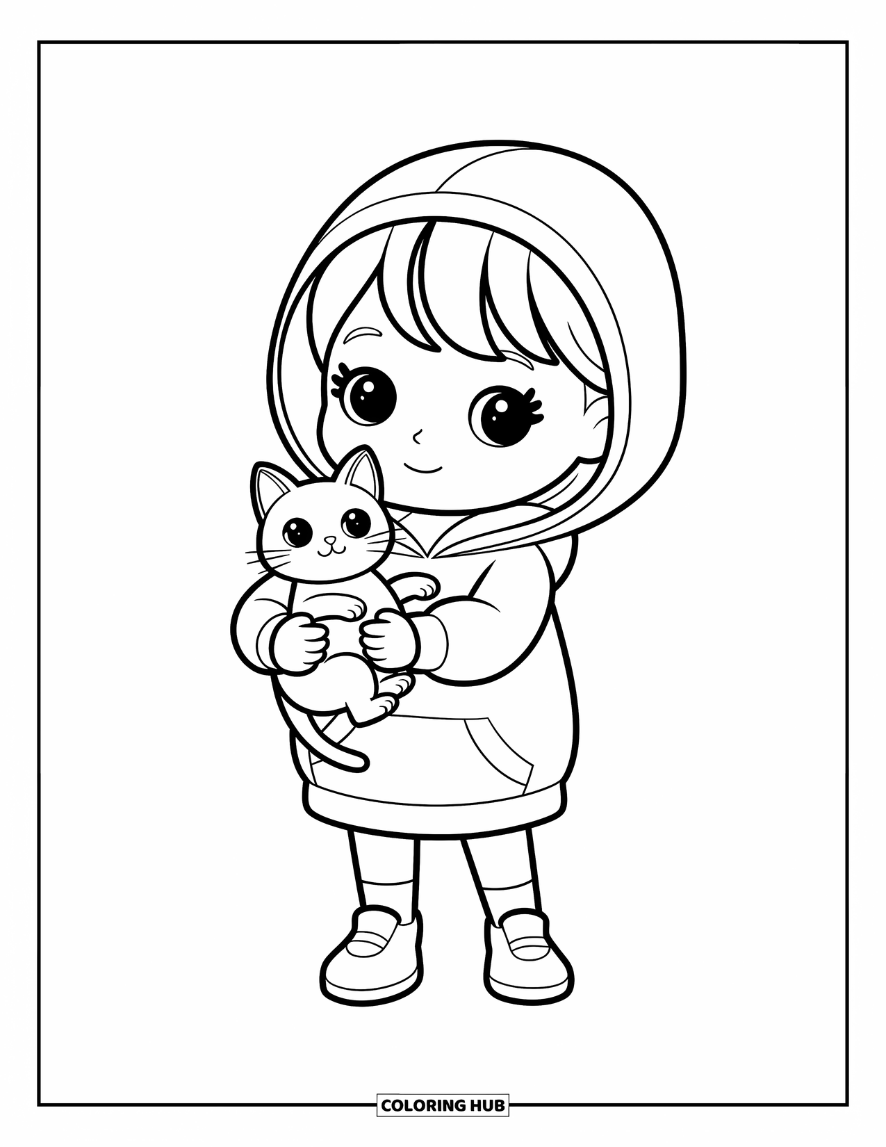 Chibi Coloring Page for Kids: A cozy girl cradles a cat with joy in a hoodie and big smile
