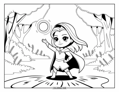 Chibi-fargeleggingsark for barn: En besluttsom trollkvinnejente lyser opp en magisk skog med sin glødende kule