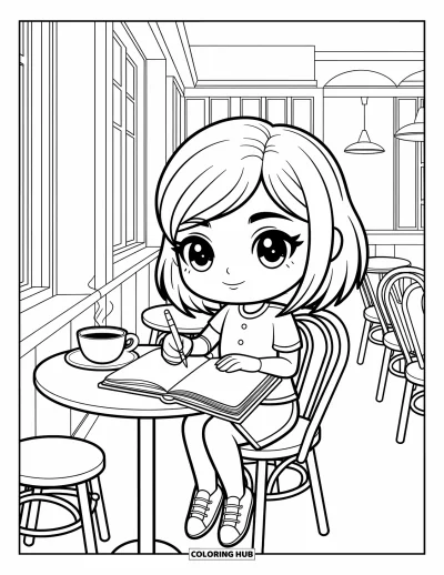 Chibi-fargeleggingsark for barn: En konsentrert jente skriver i dagboken sin ved et koselig kafébord