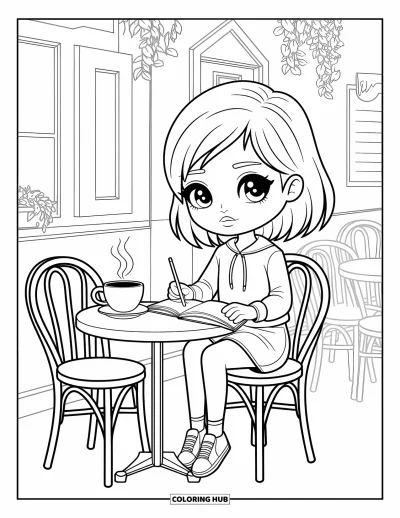 Chibi-fargeleggingsark for barn: En jente nipper til kaffen og skriver i dagboken sin på en fredelig kafé