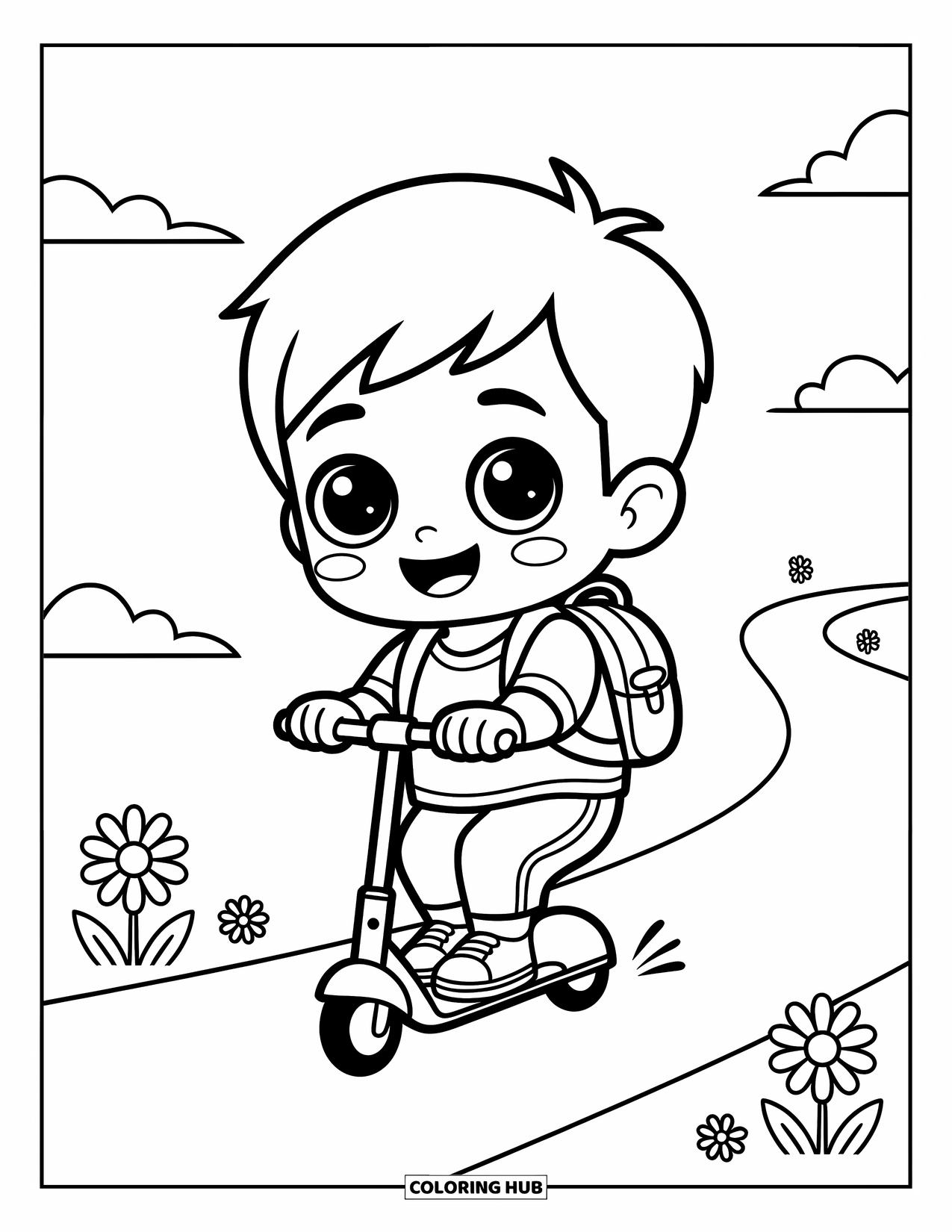 Chibi Coloring Page for Kids: A happy boy zooms down a path on his scooter with clouds and daisies