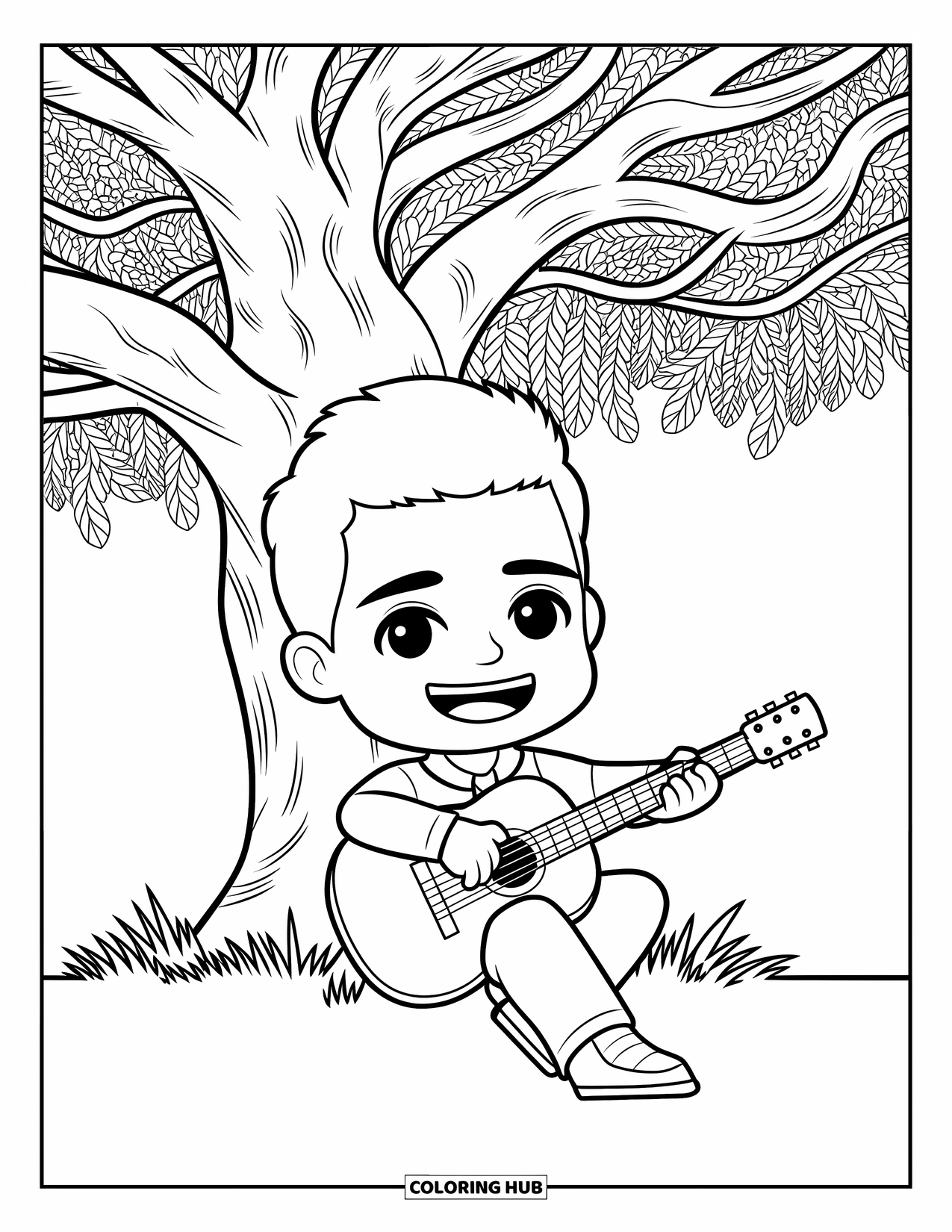 Chibi Coloring Page for Kids: A happy chibi man strums his guitar beneath a big, leafy tree