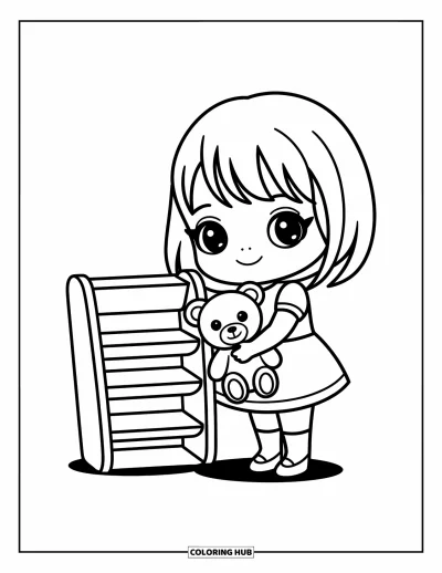 Chibi-fargeleggingsark for barn: En lykkelig jente holder en bamse nær favorittlekene sine