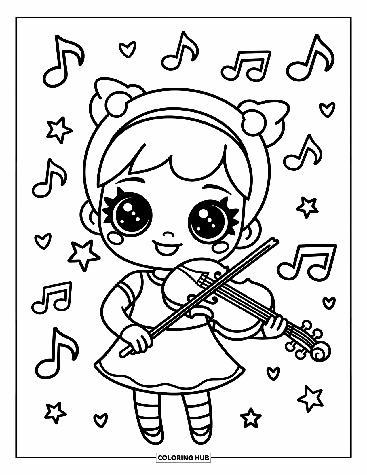 Chibi Coloring Page for Kids: A happy girl plays violin under floating notes, stars, and hearts