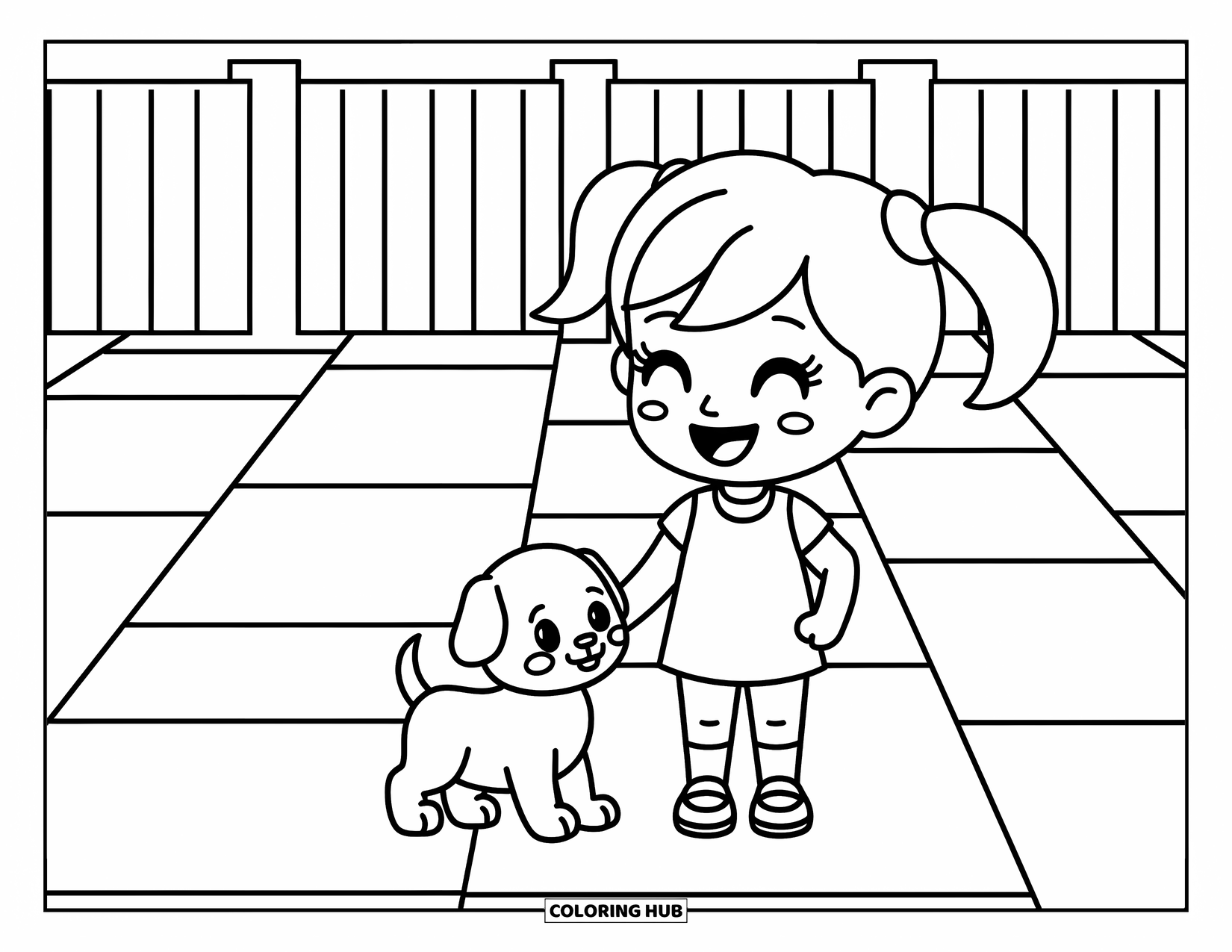 Chibi Coloring Page for Kids: A happy girl with pigtails plays with a puppy on a sunny day
