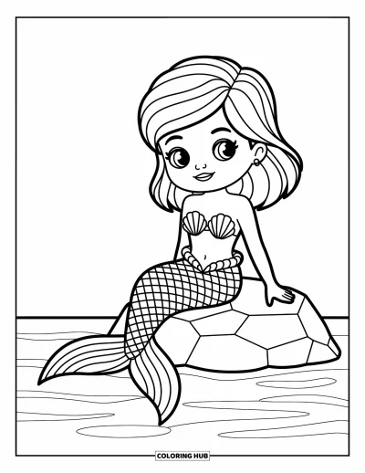 Chibi-fargeleggingsark for barn: En glad havfruejente slapper av ved havet med en skvalpende hale