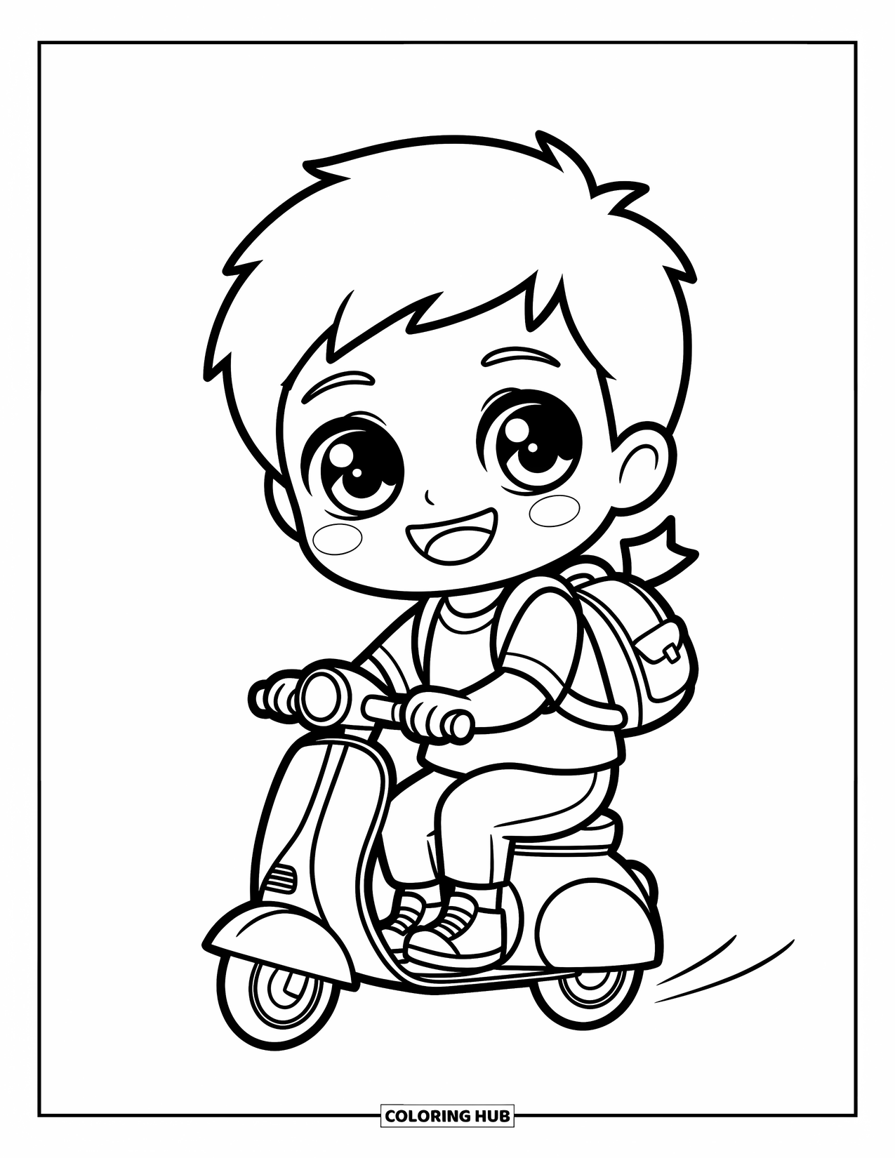 Chibi Coloring Page for Kids: A joyful boy rides a scooter with a flag and helmet on